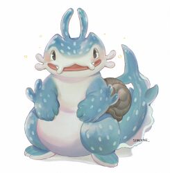  blue_skin chimera colored_skin creature full_body highres looking_at_viewer multicolored_skin shark smile snail snail_shell solid_circle_pupils sorochii spots standing twitter_username two-tone_skin white_background white_skin 