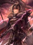  1girl ahoge armor armored_dress artist_request black_gloves blonde_hair cape fate/grand_order fate_(series) flag fur-trimmed_cape fur_trim gauntlets gloves headpiece holding holding_sword holding_weapon jeanne_alter looking_at_viewer ruler_(fate/apocrypha) short_hair solo sword weapon yellow_eyes 