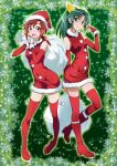  2girls boots bridal_gauntlets christmas green_background green_eyes green_hair hat highres hino_akane_(smile_precure!) looking_at_viewer midorikawa_nao multiple_girls nakahira_guy ponytail precure red_eyes red_hat red_legwear redhead santa_hat short_hair smile smile_precure! thigh-highs thigh_boots 