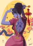  1girl adjusting_hair alternate_costume alternate_hair_length alternate_hairstyle arms_up back back_tattoo breasts china_dress chinese_clothes commentary dress earrings hair_bun hair_ornament hairpin highres jewelry looking_back overwatch ponytail purple_lips purple_skin red_dress slender_waist solo tattoo wallace_pires widowmaker_(overwatch) yellow_eyes 