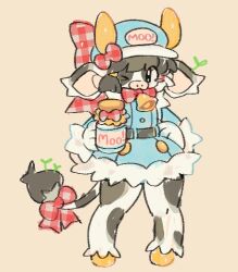  1girl animal_ears bell black_hair blue_dress blue_eyes blue_hat blush_stickers bottle bow bowtie buttons commentary cow_ears cow_girl cow_horns cow_tail dress english_commentary full_body fur-trimmed_dress fur_trim furry furry_female gingham_bow hat holding holding_bottle hooves horns jaltoid looking_at_viewer milk_bottle newsboy_cap one_eye_closed original red_bow red_bowtie short_hair shortstack simple_background single_blush_sticker sketch solo standing tail wide_hips 