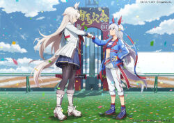  2girls ahoge animal_ears belt black_pantyhose blue_boots blue_eyes blue_hairband blue_jacket blue_sailor_collar blue_skirt blue_sky blue_sports_bra boots closed_mouth clouds commentary_request confetti crop_top cygames ear_covers ear_ornament fingerless_gloves fist_bump gloves grey_hair grey_tail hair_between_eyes hair_ornament hairband headband highres horse_ears horse_girl horse_tail jacket lightning_bolt_print lightning_bolt_symbol long_hair long_sleeves looking_at_another midriff multicolored_hair multicolored_hairband multiple_girls navel neckerchief official_art oguri_cap_(starlight_beat)_(umamusume) oguri_cap_(umamusume) outdoors pants pantyhose pleated_skirt red_belt red_headband red_neckerchief red_socks sailor_collar sample_watermark shirt skirt sky smile socks sports_bra striped_clothes striped_hairband tail tamamo_cross_(umamusume) tamamo_cross_(with_lightning_speed)_(umamusume) two-tone_hairband umamusume umamusume:_cinderella_gray very_long_hair watermark white_boots white_gloves white_jacket white_pants white_shirt 