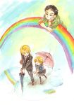  1girl 2boys aston_altland ayu_(ponzu) black_hair blonde_hair brother_and_sister fuuka_uno gundam gundam_tekketsu_no_orphans multiple_boys rain rainbow siblings takaki_uno umbrella 