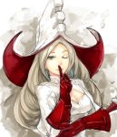  1girl blonde_hair bravely_default:_flying_fairy bravely_default_(series) breasts cleavage earrings gloves green_eyes hat holly_white jewelry long_hair mkd78236 one_eye_closed portrait solo white_background 