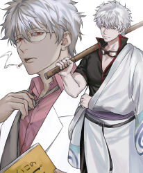  1boy bin_(binonep) cigarette collared_shirt gintama highres holding holding_cigarette japanese_clothes kimono male_focus open_clothes open_kimono sakata_gintoki sannen_z-gumi_ginpachi_sensei shirt smoking sword weapon white_kimono wooden_sword 