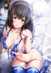  1girl black_hair blue_eyes blush bra breasts commentary_request curtains garana hairband idolmaster idolmaster_cinderella_girls large_breasts lingerie long_hair navel open_mouth panties sagisawa_fumika smile solo thigh-highs underwear underwear_only undressing 