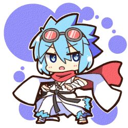  1boy :o arm_wrap barefoot blue_eyes blue_hair canvas_texture chibi chibi_only commentary_request full_body goggles goggles_on_head hair_between_eyes looking_at_viewer male_focus official_alternate_costume open_mouth pants ragnarok_online red_scarf scarf shirt shizukushigure short_hair simple_background sleeveless sleeveless_shirt solo spiky_hair standing sura_(ragnarok_online) white_background white_pants white_shirt 