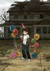  1boy abandoned balloon beanie birthday black_hair blue_eyes blue_pants brown_jacket cake cake_slice chun_baii food full_body grass hat highres holding_matchstick house jacket looking_at_viewer male_focus open_clothes open_jacket pants party_hat shirt single_off_shoulder sleeves_past_fingers sleeves_past_wrists solo south_park stan_marsh tearing_up white_shirt 
