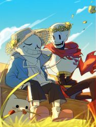  2022 2boys 2d akui572274391 animal annoying_dog armor artist_name backlighting bench black_pants blue_jacket blue_shorts blue_sky boots brothers bug cape chromatic_aberration closed_eyes clouds day digital_media dog drawstring duo flower_wreath full_body gloves grass grey_hood hat head_wreath height_difference highres hollow_eyes hood hood_down hooded_jacket humanoid jacket ladybug looking_at_another male male_focus male_only monster monster_boy multiple_boys open_clothes open_jacket outdoors pants papyrus_(undertale) pink_slippers red_boots red_cape red_gloves sans_(undertale) shirt shorts siblings single_vertical_stripe sitting skeleton sky slippers socks striped_pants sun_hat teeth tongue tongue_out undead undertale utdr_(toby_fox) vertical-striped_clothes vertical-striped_pants white_armor white_dog white_fur white_shirt white_socks white_stripes wreath 