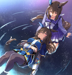  2girls admire_vega's_twin_sister_(umamusume) admire_vega_(starry_nocturne)_(umamusume) admire_vega_(umamusume) animal_ears asymmetrical_footwear bow bowtie brown_hair commentary_request ear_covers hand_on_another's_cheek hand_on_another's_face highres horse_girl horse_tail knees_up lap_pillow long_sleeves looking_at_another low_ponytail lying_on_lap mismatched_footwear multiple_girls necktie pleated_skirt ponytail purple_shirt purple_skirt revision school_uniform shirt single_ear_cover sitting skirt starheart tail tracen_school_uniform umamusume white_bow white_bowtie white_necktie 
