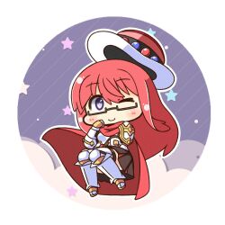  1girl armor armored_boots black-framed_eyewear black_skirt blush boots canvas_texture cape chibi chibi_only closed_mouth commentary_request full_body gauntlets glasses highres long_hair looking_at_viewer official_alternate_costume one_eye_closed pauldrons pleated_skirt ragnarok_online red_cape red_hair rune_knight_(ragnarok_online) shizukushigure shoulder_armor skirt smile solo standing violet_eyes white_background 