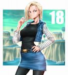  1girl android_18 artist_name belt blonde_hair blue_eyes blush character_name cropped_jacket dated dragon_ball dragonball_z earrings hand_on_hip highres jewelry long_sleeves pantyhose shirt short_hair skirt solo striped striped_shirt unbalance 