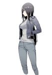  1girl black_eyes black_hair breasts denim from_side hands_in_pockets hiiragi_yuuichi jacket jeans long_hair looking_afar medium_breasts open_clothes open_jacket pants solo very_long_hair white_background 
