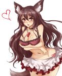  1girl absurdres amagi_(amagi626) animal_ears bare_shoulders between_breasts blush bra breasts brown_eyes brown_hair cleavage collar cowboy_shot fang heart heart-shaped_box highres imaizumi_kagerou large_breasts long_hair midriff miniskirt navel open_mouth simple_background sketch skirt solo tail touhou underwear valentine white_background wolf_ears wolf_tail 
