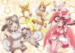  3girls :d alola_form alolan_raichu alolan_raichu_(cosplay) alternate_hairstyle animal_ears blue_eyes blush bow braid brown_hair cosplay crossover detached_sleeves dog dog_ears dog_tail fangs gloves grey_gloves hair_bow love_live! love_live!_sunshine!! lurantis lurantis_(cosplay) mono_land multiple_girls open_mouth orange_hair pink_eyes pokemon pokemon_(creature) pokemon_(game) pokemon_sm raichu redhead rockruff rockruff_(cosplay) sakurauchi_riko shorts side_braid skirt smile star striped striped_legwear tail takami_chika thigh-highs twintails watanabe_you white_gloves yellow_eyes 