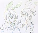  2girls animal_ears bunny_nose covering_mouth eyeshadow hair_over_one_eye hand_over_own_mouth highres ichigo_choco kagari_atsuko little_witch_academia long_hair makeup multiple_girls rabbit_ears simple_background sketch smile sucy_manbavaran sweatdrop 