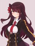  1girl blush breasts closed_mouth embarrassed flying_sweatdrops girls_frontline hair_ribbon long_hair looking_at_viewer mou_tama_maru necktie red_eyes red_necktie redhead ribbon simple_background solo wa2000_(girls_frontline) 