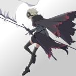 1girl armor armored_dress black_legwear blonde_hair cape fate/grand_order fate_(series) faulds flag from_side full_body fur_trim gauntlets headpiece highres jeanne_alter looking_at_viewer looking_to_the_side profile ruler_(fate/apocrypha) scabbard sheath sheathed short_hair solo sword tatsu_(tanishi_24) thigh-highs weapon yellow_eyes 