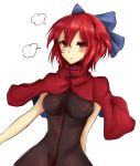  1girl amagi_(amagi626) blush bow breasts capelet hair_bow highres looking_at_viewer pout red_eyes redhead sekibanki short_hair simple_background sketch skin_tight solo touhou upper_body white_background 