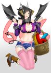  1girl 666 :d black_hair blush boots bracelet breasts brown_boots cleavage cutoffs demon_girl demon_horns demon_tail demon_wings detached_sleeves fang fork full_body garter_belt green_eyes hair_ornament high_heel_boots high_heels highres horns jewelry kneeling knees_together_feet_apart large_breasts looking_at_viewer megatama navel open_mouth original picnic_basket pink_legwear ponytail short_shorts shorts sidelocks smile solo stomach tail thigh-highs wings zettai_ryouiki 