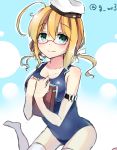  1girl ahoge blonde_hair blush book breasts cleavage glasses hat holding holding_book i-8_(kantai_collection) jiiwara kantai_collection large_breasts sailor_hat school_swimsuit short_hair smile solo swimsuit thigh-highs twitter_username 