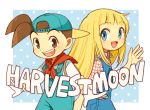  1boy 1girl baseball_cap blonde_hair blue_eyes blush brown_eyes brown_hair claire_(harvest_moon) copyright_name gloves harvest_moon hat long_hair open_mouth overalls posca smile white_gloves 