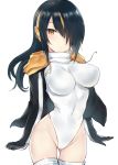  1girl black_hair black_jacket breasts brown_eyes covered_navel cowboy_shot emperor_penguin_(kemono_friends) hair_over_one_eye headphones highres impossible_clothes impossible_leotard jacket kemono_friends kyouki leotard long_hair looking_at_viewer multicolored_hair solo standing thigh-highs white_legwear white_leotard 