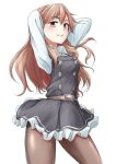  1girl arashio_(kantai_collection) arms_behind_head arms_up belt brown_eyes brown_hair cowboy_shot dress dress_shirt frilled_dress frills kantai_collection long_hair looking_at_viewer pantyhose parted_lips pinafore_dress rakisuto1 school_uniform shirt simple_background solo standing white_background 