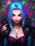  1girl artist_name ayya_saparniyazova between_breasts blue_hair braid breast_tattoo breasts bullet_necklace cleavage deviantart_username eyelashes fingernails forehead highres jewelry jinx_(league_of_legends) league_of_legends long_hair medium_breasts nail_polish necklace nose parted_lips pink_eyes pink_lips pink_nails solo source_name tattoo twin_braids watermark web_address whorled_clouds 