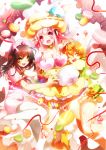  3girls :d ^_^ aquamarine biscuit black_hair blurry blush breasts brown_hair cat cherry choker cleavage closed_eyes costume cotton_candy depth_of_field dessert eyebrows_visible_through_hair food food_themed_clothes fruit fujimi_suzu garter_belt green_eyes hair_between_eyes hat headphones jacket macaron medium_hair multiple_girls nurse open_mouth pantyhose pink_hair red_eyes ribbon short_hair smile soniani super_sonico thick_eyebrows watanuki_fuuri 