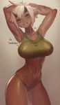  1girl arms_up blonde_hair breasts dark_skin freckles grin highres hips horns instant_ip large_breasts looking_at_viewer navel pointy_ears short_hair slender_waist smile solo thighs 
