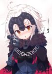  1girl ahoge armor beni_shake blonde_hair blush brown_eyes cape chains fate_(series) frown fur_collar gauntlets headpiece jeanne_alter playing_with_own_hair ruler_(fate/apocrypha) short_hair translated triangle_mouth white_background 