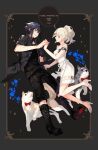  1boy 1girl black_hair black_jacket blonde_hair dog dress eye_contact final_fantasy final_fantasy_xv flower hand_holding highres jacket looking_at_another lunafreya_nox_fleuret noctis_lucis_caelum platina77 pryna_(ff15) smile umbra_(ff15) white_dress 