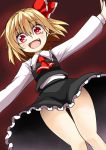  1girl aki_chimaki ascot blonde_hair dress fangs frills from_below gluteal_fold hair_ribbon long_sleeves outstretched_arms red_eyes ribbon rumia short_hair smile touhou 