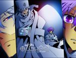  07-ghost 2boys akagami70 ayanami_(07-ghost) character_name closed_mouth copyright_name hat headwear labrador looking_at_another looking_at_viewer male_focus multiple_boys open_mouth purple_hair short_hair text violet_eyes white_hair white_hat 