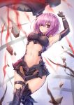  1girl armor armored_boots armored_dress armpits black_legwear boots breasts center_opening elbow_gloves fate/grand_order fate_(series) gloves hair_over_one_eye looking_at_viewer midriff navel purple_hair shield shielder_(fate/grand_order) short_hair solo sumapan thigh-highs violet_eyes 
