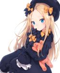  1girl abigail_williams_(fate/grand_order) black_bow black_dress blonde_hair blue_eyes bow commentary_request dress fate/grand_order fate_(series) hair_bow hat highres long_sleeves looking_at_viewer minikon orange_bow simple_background sleeves_past_wrists solo stuffed_animal stuffed_toy white_background 