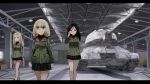  3girls black_hair blonde_hair blue_eyes camouflage camouflage_jacket camouflage_skirt clara_(girls_und_panzer) couai crate girder girls_und_panzer ground_vehicle hangar highres katyusha letterboxed military military_vehicle motor_vehicle multiple_girls nonna open_mouth raised_eyebrows skirt smirk t-34 tank world_of_tanks 