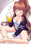  1girl :d ^_^ animal_ears bangs bear bear_ears beer_mug between_legs black_panties blush breasts brown_hair closed_eyes collarbone cup eyebrows_visible_through_hair fang hair_ornament hand_between_legs haruta_(806060) heart holding holding_cup indian_style jacket large_breasts long_hair looking_at_viewer mug open_clothes open_jacket open_mouth original panties personification ponytail sitting smile solo teeth thighs underwear very_long_hair wavy_hair x_hair_ornament 