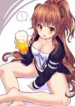  ! &gt;:o 1girl :o animal_ears bangs bear bear_ears beer_mug between_legs black_panties blush breasts brown_eyes brown_hair collarbone cup eyebrows_visible_through_hair hair_ornament hand_between_legs haruta_(806060) holding holding_cup indian_style jacket large_breasts long_hair looking_at_viewer mug open_clothes open_jacket open_mouth original panties personification ponytail sitting solo spoken_exclamation_mark teeth thighs underwear very_long_hair wavy_hair x_hair_ornament 