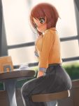  1girl 3: araki_mitsuru bangs between_legs black_skirt blouse blurry blush brown_eyes brown_hair cafe chair closed_mouth cup depth_of_field eyebrows_visible_through_hair girls_und_panzer hand_between_legs hand_on_own_chest highres indoors lens_flare long_skirt looking_down nishizumi_miho pleated_skirt short_hair_with_long_locks sitting skirt solo table teacup yellow_blouse 