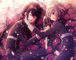  2boys ^_^ ahoge amane_kurumi black_hair blurry closed_eyes depth_of_field flower gloves hand_on_another&#039;s_face honebami_toushirou lying male_focus military military_uniform multiple_boys namazuo_toushirou on_side open_mouth petals ponytail smile sword touken_ranbu uniform violet_eyes wakizashi weapon white_gloves white_hair 