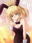  1girl animal_ears blonde_hair bow bowtie breasts bunny_tail bunnysuit cleavage cowboy_shot detached_collar fang fate/apocrypha fate/grand_order fate_(series) green_eyes haura_akitoshi long_hair looking_at_viewer pantyhose ponytail rabbit_ears saber_of_red solo spoken_squiggle squiggle tail wrist_cuffs 
