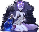  1girl bob_cut breasts eyebrows eyebrows_visible_through_hair fangs fate/grand_order fate_(series) horns lip-mil looking_at_viewer oni oni_horns open_mouth pale_skin purple_hair short_hair shuten_douji_(fate/grand_order) sitting small_breasts smile solo spread_navel violet_eyes wariza 