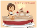  1girl bare_legs brown_eyes brown_hair cake capriccyo chibi dated food fork holding holding_fork i-401_(kantai_collection) kantai_collection ponytail sailor_collar sailor_shirt school_swimsuit shirt short_hair sleeveless smile solo swimsuit 