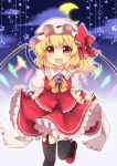  1girl :d bangs black_legwear blonde_hair blush bow brooch cowboy_shot crescent_moon crystal flandre_scarlet frilled_shirt_collar frilled_skirt frills garter_straps hat hat_bow jewelry leg_up lifted_by_self looking_at_viewer mary_janes mob_cap moon neck_ribbon open_mouth puffy_short_sleeves puffy_sleeves red_bow red_eyes red_skirt red_vest ribbon ruhika shoes short_sleeves side_ponytail skirt skirt_lift skirt_set smile solo star thigh-highs touhou vest wings wrist_cuffs 