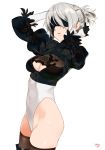  1girl black_gloves black_legwear blindfold boots breasts cleavage covered_navel gloves grey_hair mole mole_under_mouth nier_(series) nier_automata parted_lips ponytail puffy_sleeves simple_background solo thigh-highs thigh_boots white_background yang-do yorha_no._2_type_b 