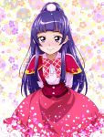  1girl arms_behind_back bow highres izayoi_liko long_hair looking_at_viewer mahou_girls_precure! nakahira_guy pink_eyes plaid plaid_bow ponytail precure purple_hair smile solo 