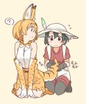  2girls ? animal_ears arm_support bare_shoulders black_gloves black_hair black_legwear blonde_hair blue_eyes blush bow bowtie bucket_hat cat_ears cat_tail elbow_gloves flying_sweatdrops gloves hat hat_feather holding_tail kaban kasa_list kemono_friends kneehighs looking_at_another looking_back multiple_girls seiza serval_(kemono_friends) serval_ears serval_print serval_tail shirt short_hair shorts simple_background sitting skirt sleeveless spoken_question_mark t-shirt tail yellow_background yellow_eyes 