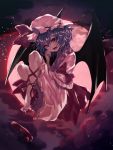  1girl asuzemu bat_wings fang full_body hat hat_ribbon high_heels highres looking_at_viewer mob_cap moon night night_sky open_mouth outdoors red_moon red_shoes remilia_scarlet ribbon shoes short_hair single_shoe sky smile solo star_(sky) starry_sky touhou wings 